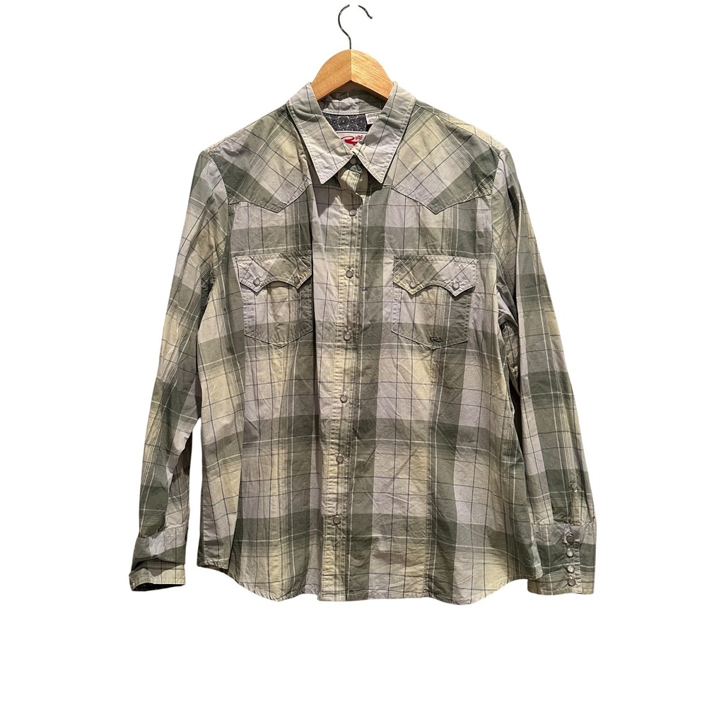 Roper‎ Western Plaid Button Down Shirt 1X Sage Green Pearl Snap Cowgirl